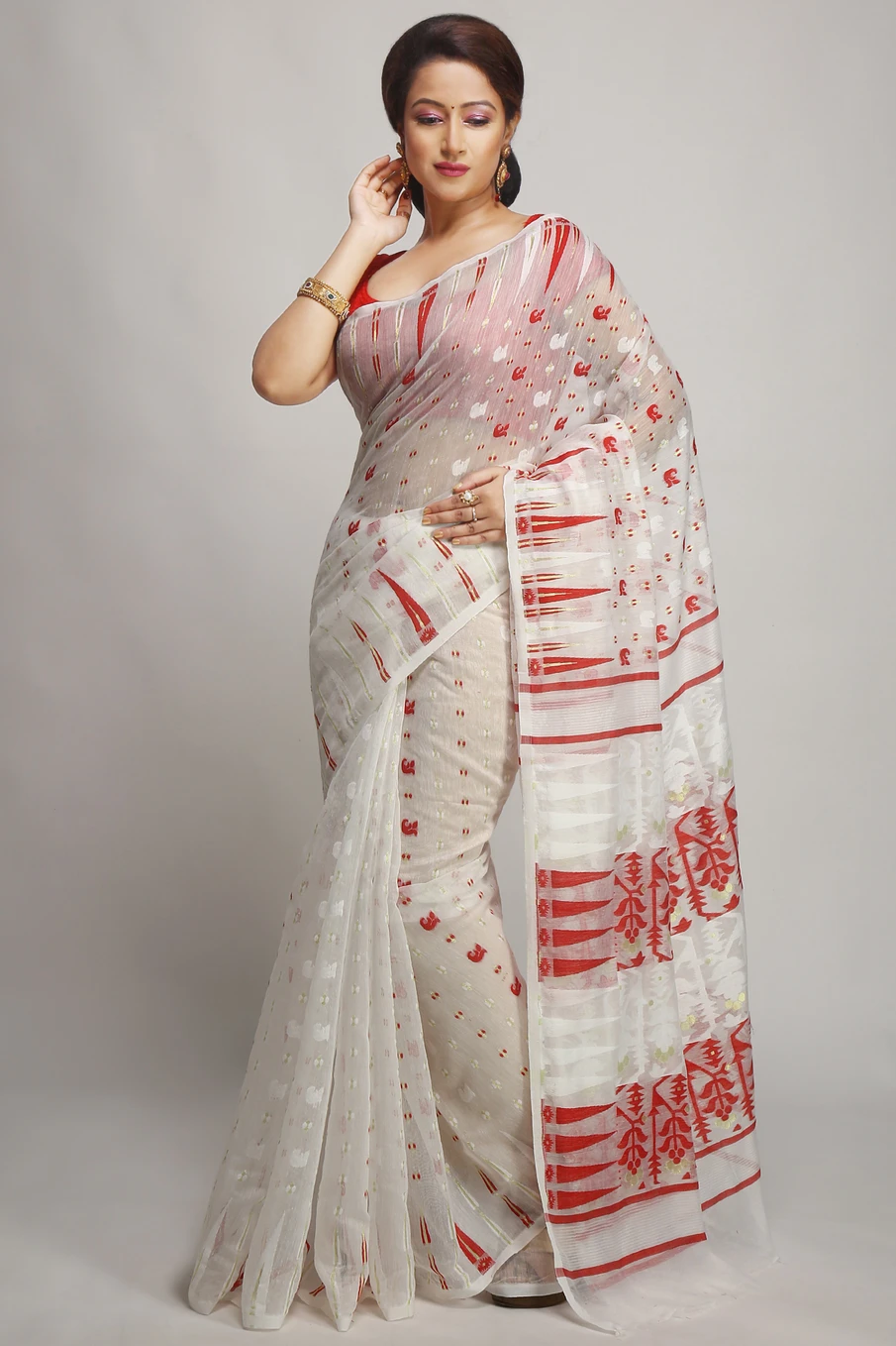 Premium Tant Saree (White with Red Border)